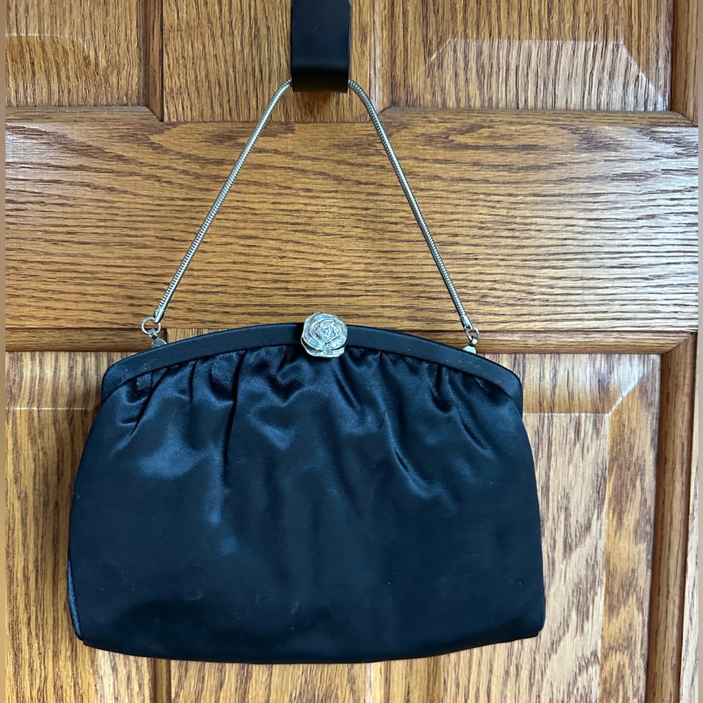 Vintage Evening Bag Admiral Classic Black Satin Silver Rose Hardware Prom PinUp